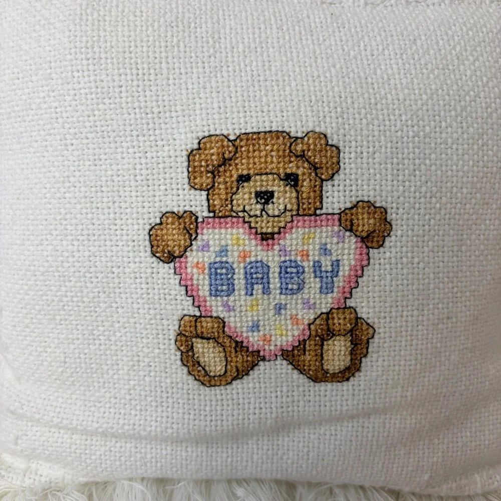 Vintage Handmade Needlepoint Teddy Bear Baby Nursery Throw Pillow Fringe Cream